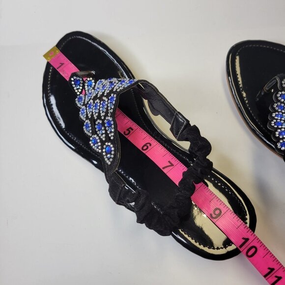 WOMENS Size 9 Blue Silver Black Sandals Peacock Motif Slippers Flats Shoes - NEW - Picture 10 of 13